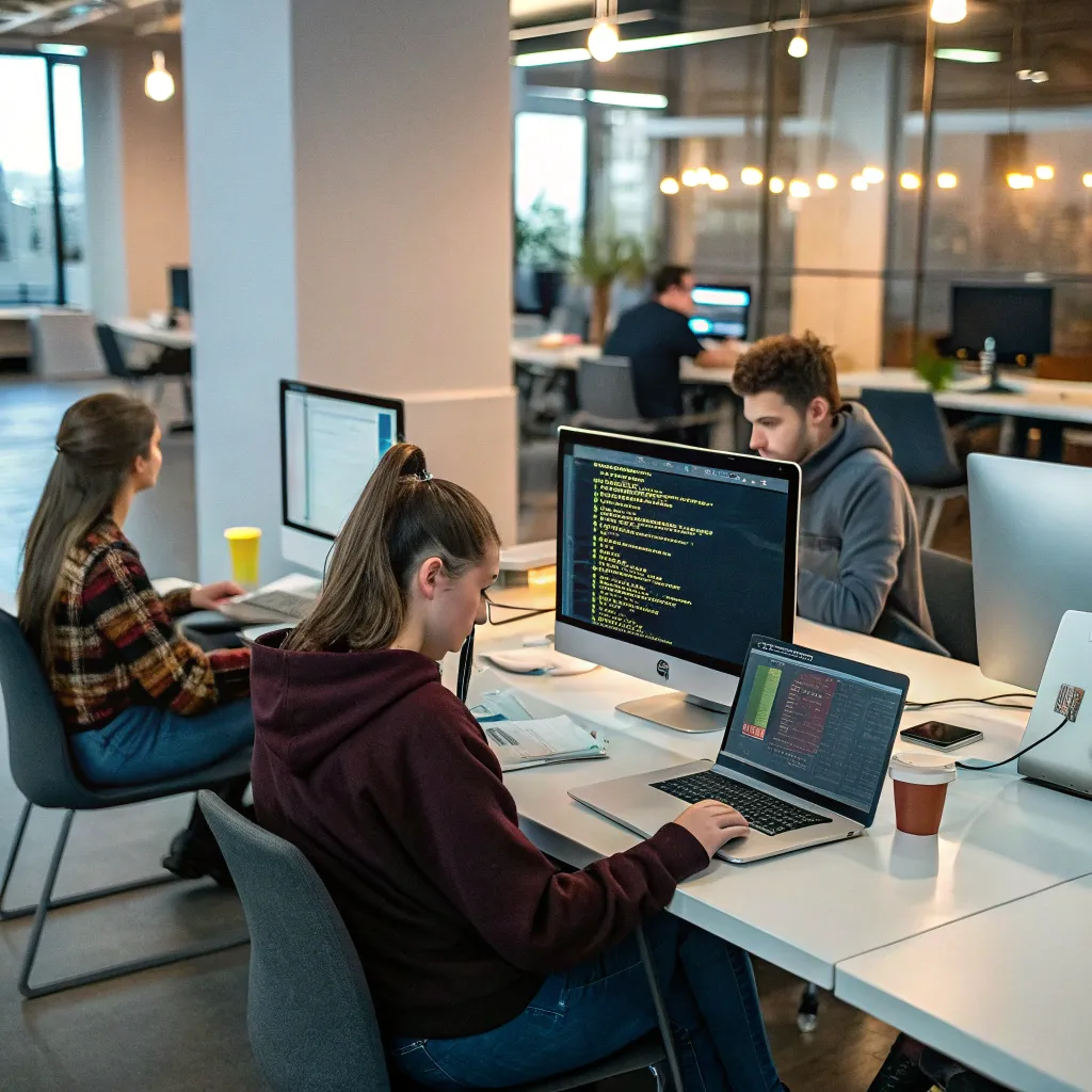 Students coding in a modern workspace